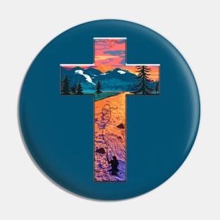 Christian Cross Fly Fishing Mountain Sunset Pin