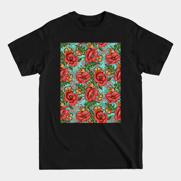 Discover Poppy Flowers And Butterflies Pattern - Poppy Flowers - T-Shirt