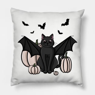 Cute Black Cat in a Bat Costume With White Pumpkins Pillow