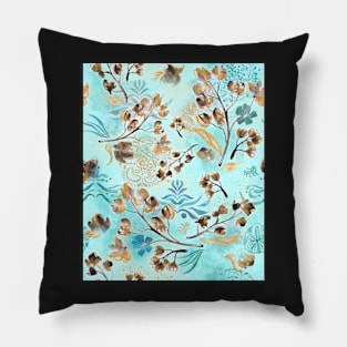 Hand-painted watercolor loose floral boho chintz in gold, blue, brown and turquoise as a seamless surface pattern design Pillow