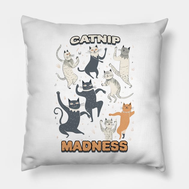 Catnip madness, dancing cats Pillow by One Eyed Cat Design