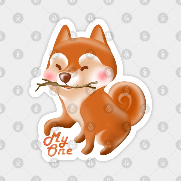 Shiba inu playing with wood stick Magnet by AdishPr