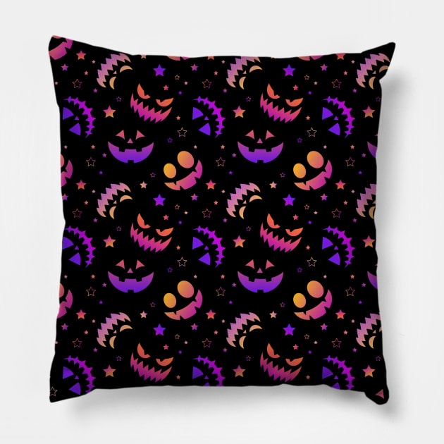 Halloween neon pumpkin faces pattern Pillow by Saya Raven