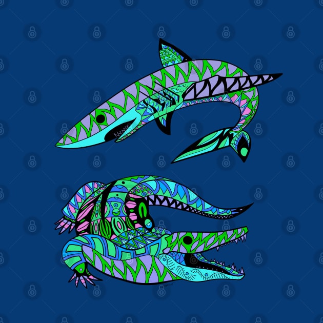 the shark and the alligator in pattern ecopop art by jorge_lebeau