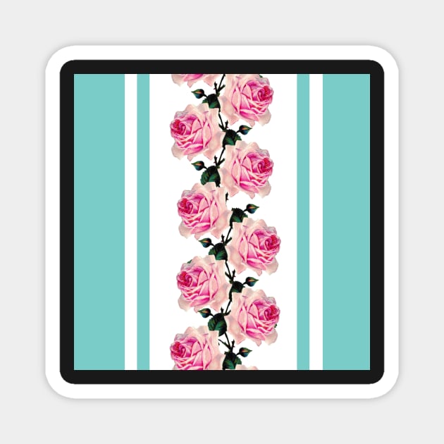 Pink vintage roses and turquoise stripes Magnet by bettyretro