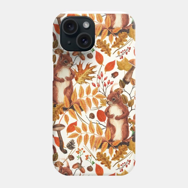 Autumn squirrels and autumnal flora on off white Phone Case by katerinamk