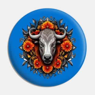 Buffalo Surrounded By A Wreath Of Orange Flowers Tattoo Art Pin