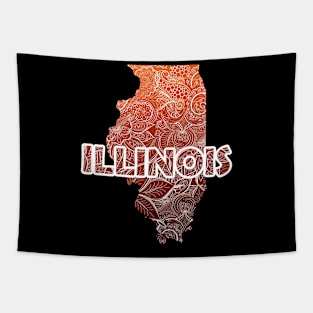 Colorful mandala art map of Illinois with text in red and orange Colorful mandala art map of Illinois with text in brown and orange Tapestry