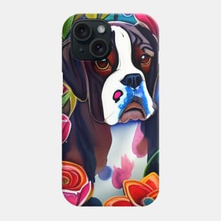 Boxer Dog Floppy Ears Puppy Whimsical Portrait Hiding in Wildflowers Secret Garden Digital Art Watercolor Painting Phone Case