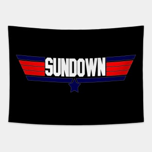 "Sundown" 80's action movie design Tapestry