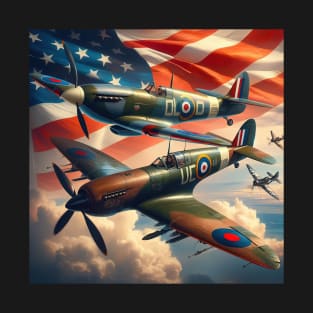 WWII Spitfire F4U Corsair Airplane US Flag T-Shirt