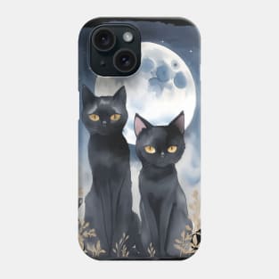 Mysterious black cats under full moon in dark atmosphere, watercolor style Phone Case