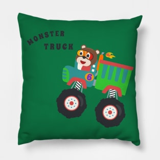 Cartoon vector of monster truck with little animal driver. Pillow