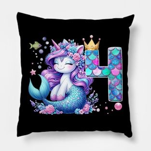 Womens Cute Unicorn Mermaid 4Th Birthday Party 4 Years Old Kids Pillow