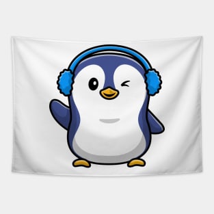 Cute Penguin Wearing Earmuff Cartoon Vector Icon Illustration Tapestry