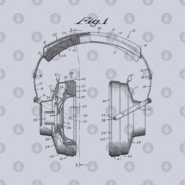 Vintage Headphones Patent Drawing by MadebyDesign