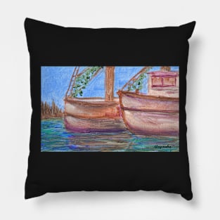 Two Ships in a Harbor Nautical Painting Pillow