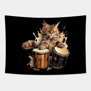 Maine Coon Cat Playing Drums Tapestry