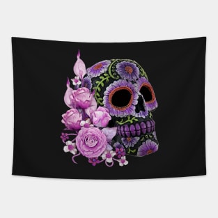 Pink Floral Black Sugar Skull Day Of The Dead Tapestry