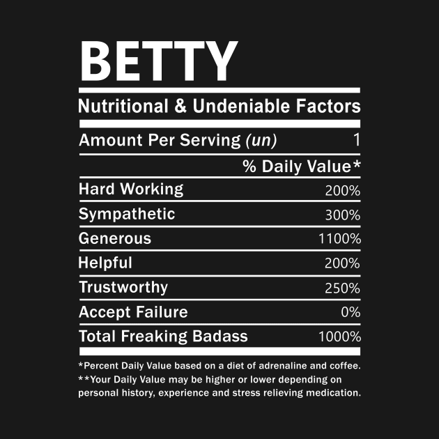 Betty Name T Shirt - Betty Nutritional and Undeniable Name Factors Gift Item Tee by nikitak4um