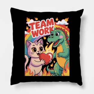 Team work! Cute cat and dino Pillow
