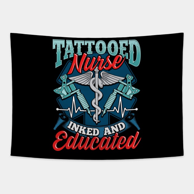 Cute Tattooed Nurse Inked And Educated Nursing Pun Tapestry by theperfectpresents