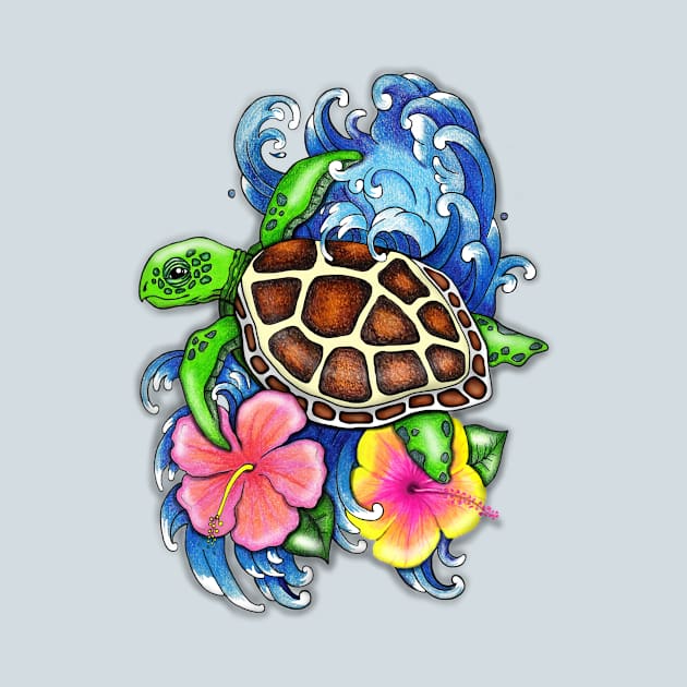 Tropical Sea Turtle and Hibiscus by SandraGale Art