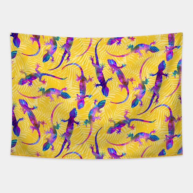 Yellow Opalescent Geckos Tapestry by Carolina Díaz