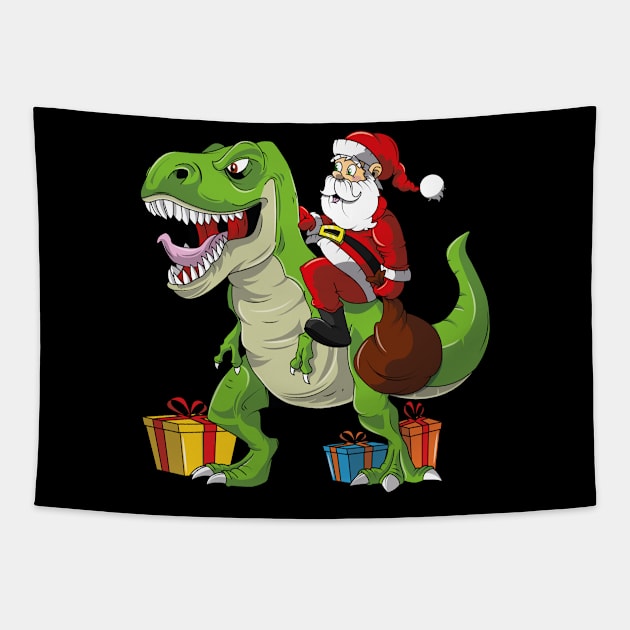 Santa Riding A T-Rex Funny Christmas Tapestry by trendingoriginals