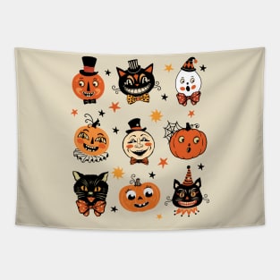 Vintage Halloween Folk Art Retro Pumpkins and Cats Tapestry