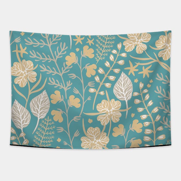 Retro Flowers and Leaf Teal Tapestry by DesignIndex