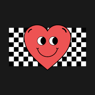 Retro Vintage Aesthetic Heart Smiley Emoji with Chess Board Black and White T-Shirt