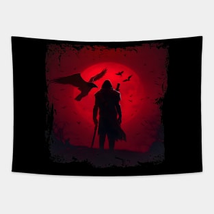 Raven Man Diablo BRZRKR a Witcher on Red Moon Tapestry