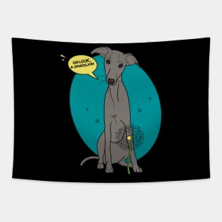 Funny greyhound design; Grey Italian greyhound with a dandelion flower Tapestry