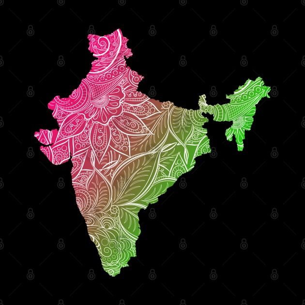 Colorful mandala art map of India with text in blue and green Colorful mandala art map of India with text in pink and green by Happy Citizen