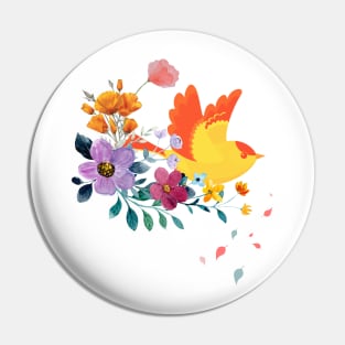 blooming flowers and orange color bird colorful art Pin