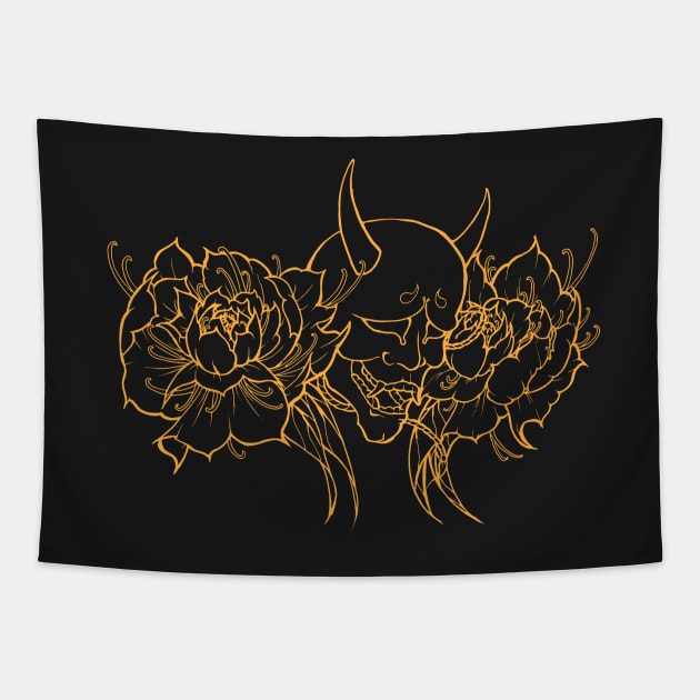 Hannya Mask & Peonies Tapestry by GKT_Art