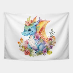 Cute Spring Flower Dragon Watercolor Tapestry