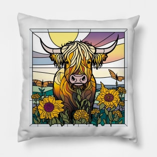 Sunflower Stained Glass Highland Cow #11 Pillow