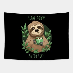 Enjoy Life, Cute Sloth With Coffee Tapestry