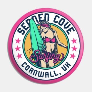 Retro Surfer Babe Badge Sennen Cove Cornwall UK Pin