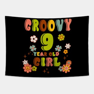 9th Birthday Retro Groovy Girl 9 Years Old Birthday Hippie Tapestry