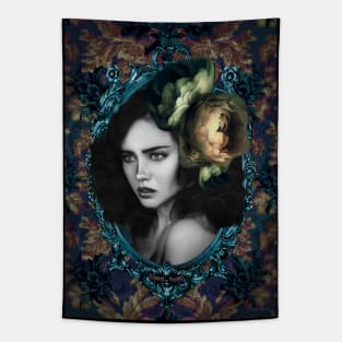 Digital Artwork Portrait Green Floral Vintage Fine Art Tapestry