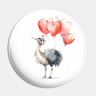 Valentine Ostrich Holding Heart Shaped Balloons Pin