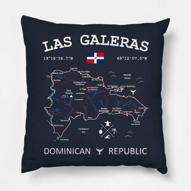 Las Galeras Dominican Republic Flag Travel Map Coordinates GPS Pillow by French Salsa