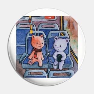 kitten and teddy bear listening to music in the bus illustration Pin