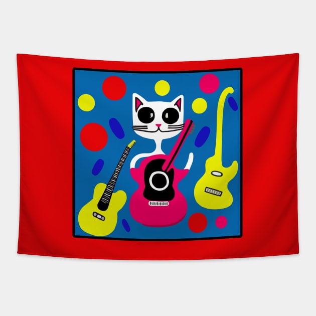 White Cat Guitar Rocker Tapestry by loeye