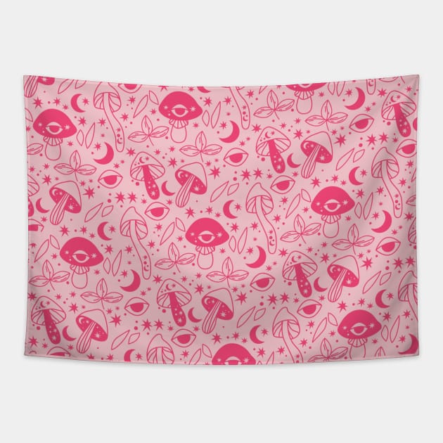 Cottagecore Mushroom Moon Pink Pattern Tapestry by Hypnotic Highs