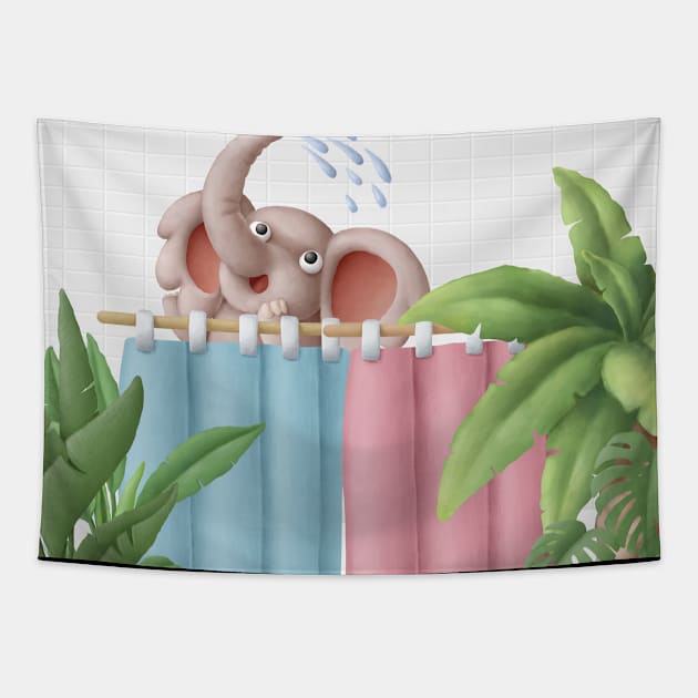 Cute elephant taking bath Tapestry by CaptainPixel