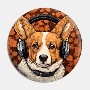 Corgi in Headphones Funny Corgi Dog Lover Autumn Gift Pin
